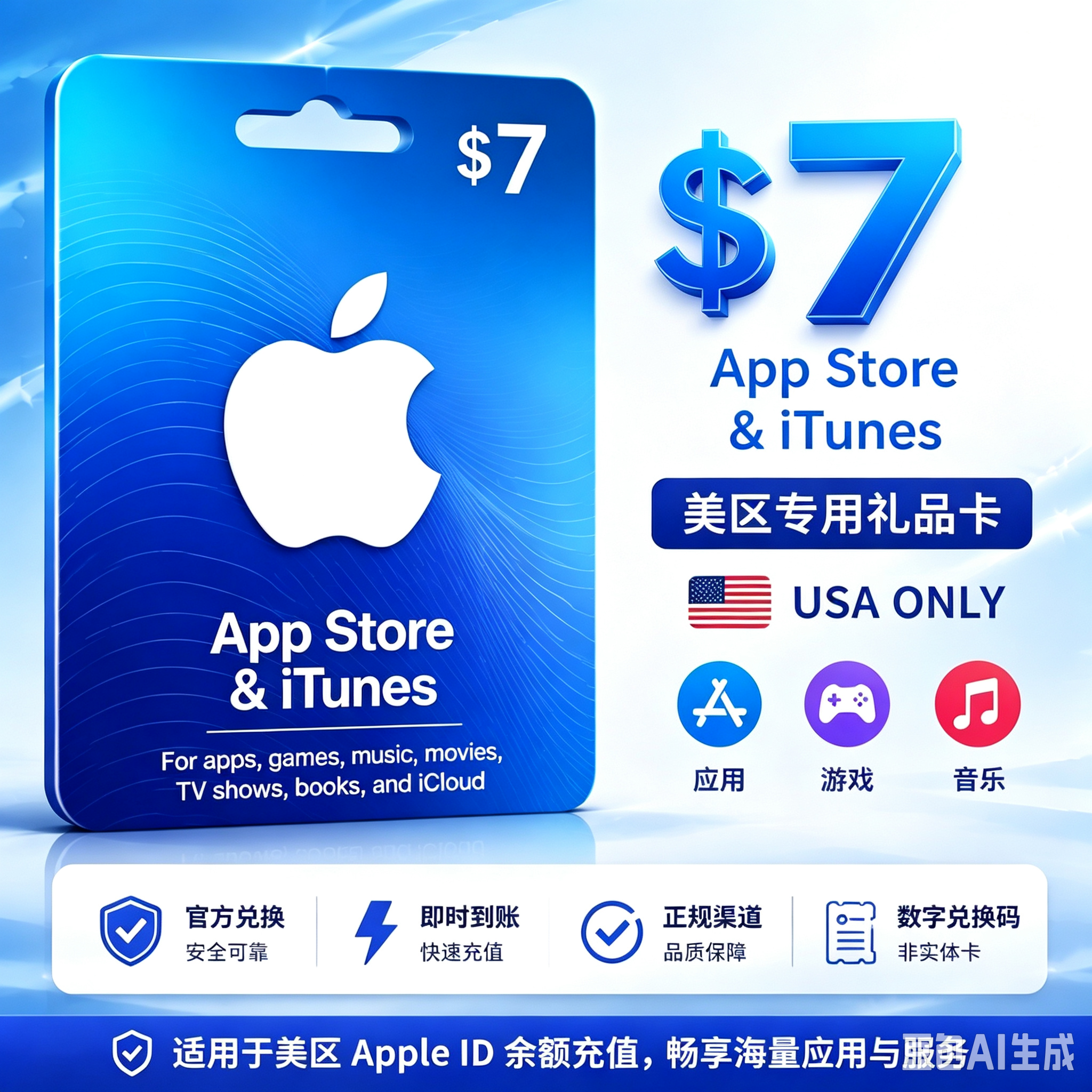 $7 App Store礼品卡｜Apple Gift Card｜苹果7美元充值卡